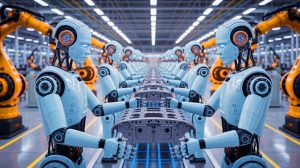 Illustration of dual-armed robots working alongside human employees in a car parts manufacturing factory.