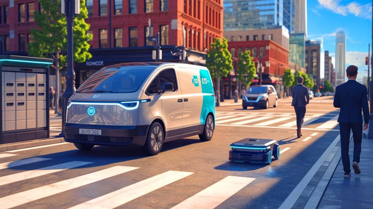 “Robots Threaten Jobs,” as Parcel Delivery Costs Plummet 53% with Automation in the US Illustration of an Autonomous Delivery Robot Navigating Urban Streets.