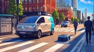 Illustration of an Autonomous Delivery Robot Navigating Urban Streets.