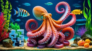 Illustration of the ethical and environmental debate surrounding the world's first commercial octopus farm.