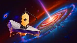Illustration of the James Webb Space Telescope observing ancient galaxies.