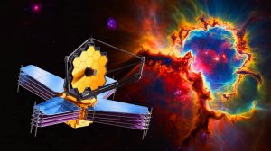 Illustration of the James Webb Space Telescope observing the Tarantula Nebula star-forming region.