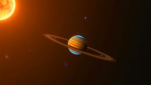 Illustration of the cotton candy planet WASP-107b in orbit around its star.