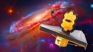 Illustration of the James Webb Space Telescope observing ancient galaxies.