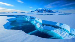 Illustration of the hidden Transantarctic Mountains beneath Antarctica's ice, influencing ice flow and thickness.