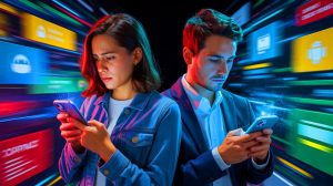 Illustration of iPhone users engaging in risky online behaviors.