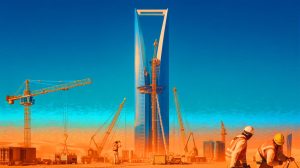 Illustration of the Jeddah Economic Company Tower under construction in the Saudi Arabian desert.