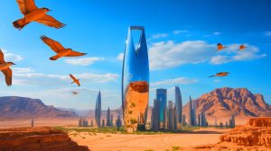 Illustration of Saudi Arabia's Line project impacting migratory birds and desert landscape.