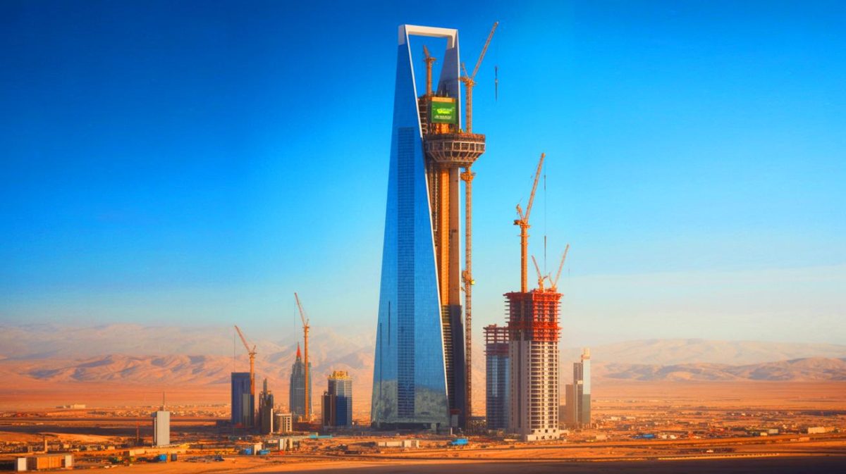 Illustration of the Jeddah Economic Company Tower under construction in the Saudi Arabian desert.
