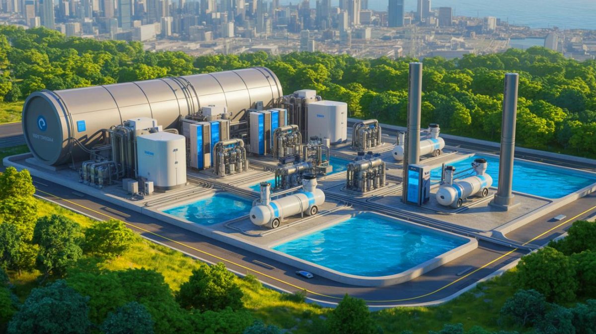 Illustration of NuScale Power Corporation's integrated energy system combining small modular reactors with desalination and hydrogen production.
