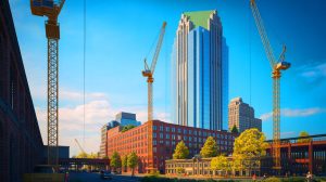Illustration of the Highline Glenwood skyscraper under construction in Raleigh's Glenwood South district, incorporating the historic Creamery building.