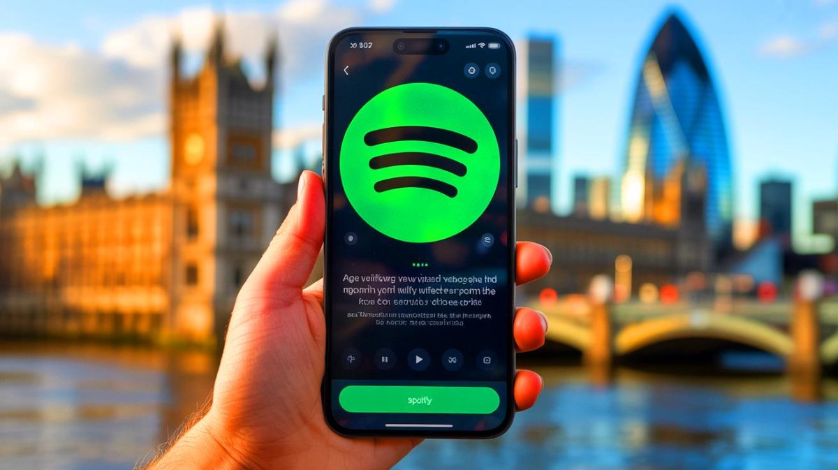 Illustration of Spotify's age verification prompt on a smartphone screen.