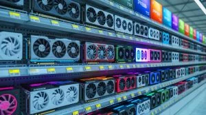 Illustration of outdated graphics cards from 2009 displayed on store shelves in 2025.