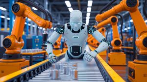 Illustration of the L7 humanoid robot by Robotera demonstrating its speed and dexterity in an industrial setting.