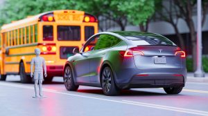 Illustration of a Tesla autonomous taxi on a public road during a demonstration in Austin, Texas.
