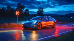 Illustration of the exterior entrance of a Tesla Service and repair center with a Cybertruck.