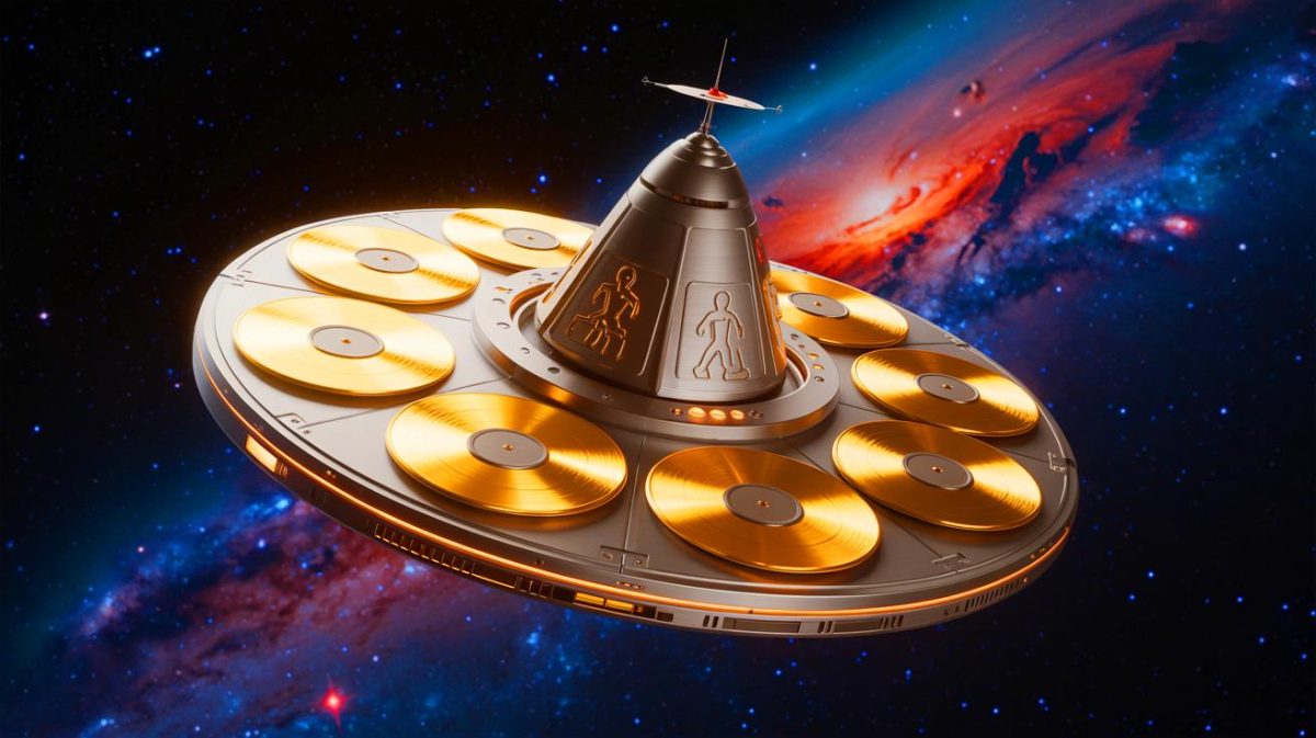 Illustration of humanity's cultural artifacts sent into space as messages to extraterrestrial civilizations.