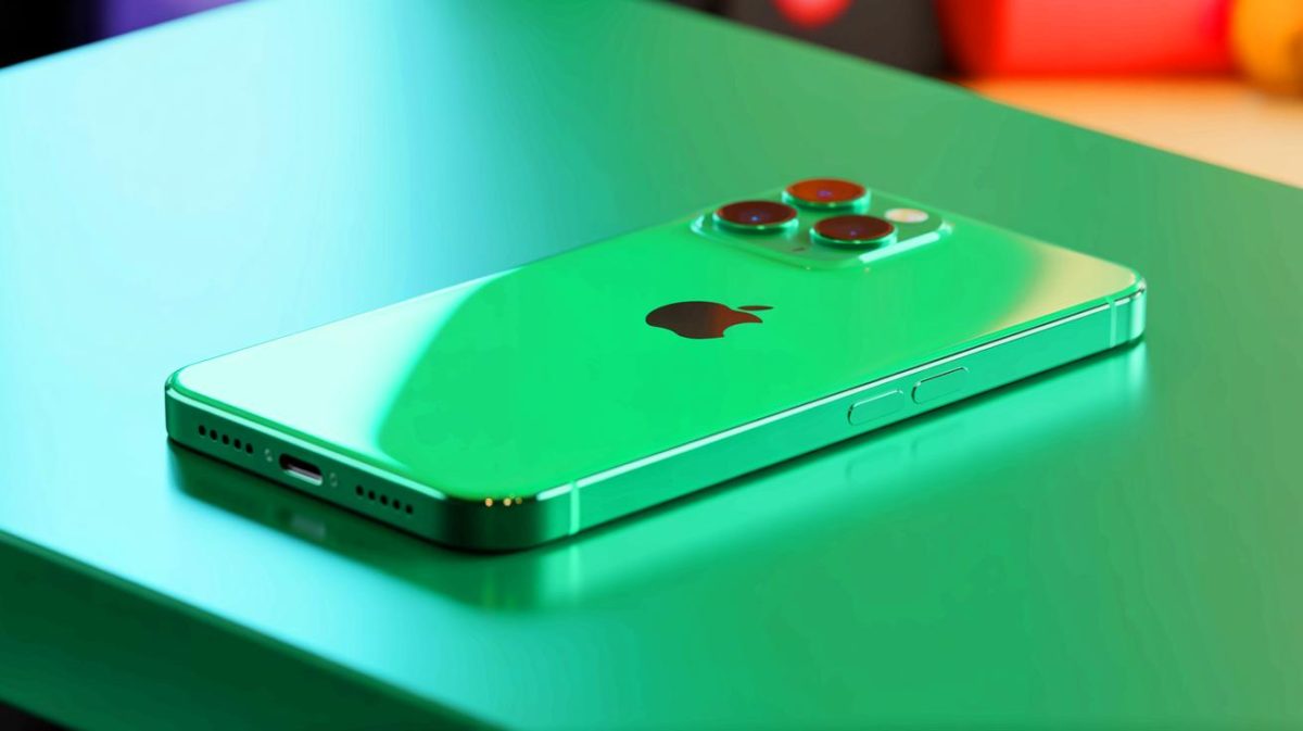 Illustration of the vibrant new green color of the iPhone 17.