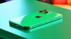 Illustration of the vibrant new green color of the iPhone 17.
