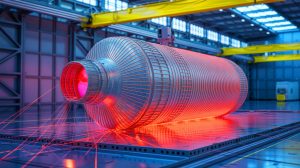 Illustration of a 3D-printed titanium space fuel tank undergoing a cryogenic pressure test.