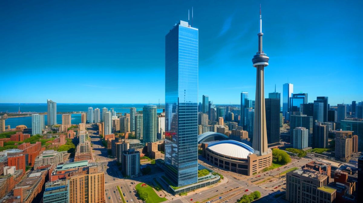 Illustration of the SkyTower rising above Toronto's skyline.