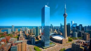 Illustration of the SkyTower rising above Toronto's skyline.
