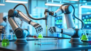 Illustration of a robotic arm and hand performing intricate laboratory tasks with human-like precision.
