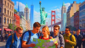 Illustration of European tourists avoiding American destinations due to perceived hostility from U.S. policies under President Trump.