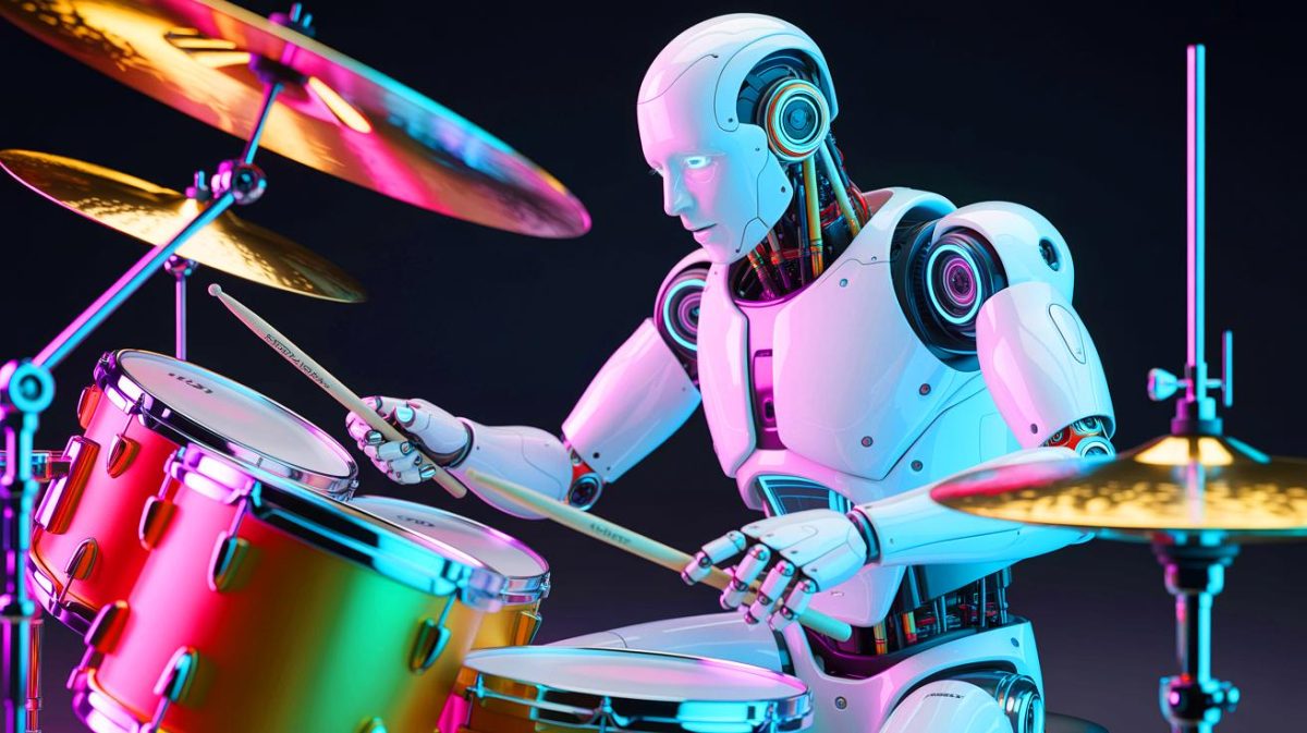 Illustration of a humanoid robot playing a drum kit with precision.