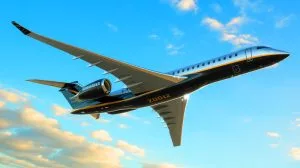 Illustration of the Bombardier Global 8000 aircraft showcasing its speed, luxury, and sustainability features.