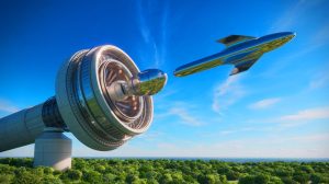 Illustration of SpinLaunch's centrifugal launch system revolutionizing satellite deployment.