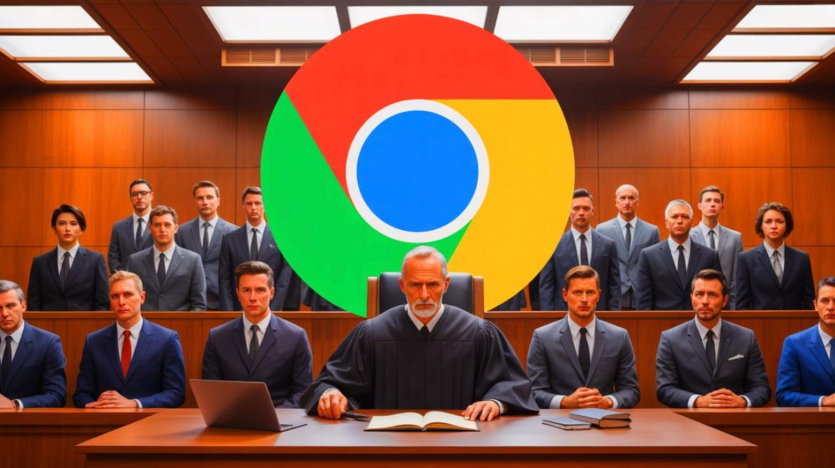 Illustration of Google Chrome potentially facing divestiture amid a U.S. antitrust lawsuit and acquisition interest from tech companies.