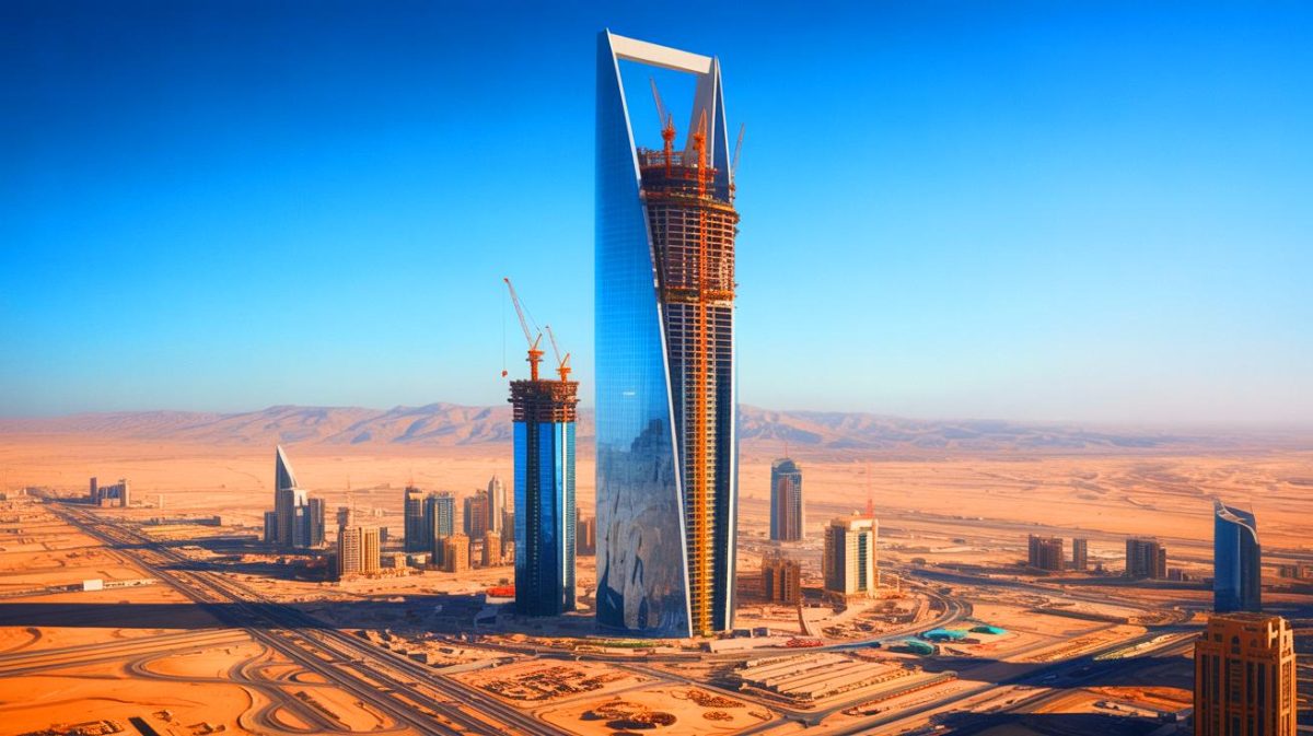 Illustration of the Jeddah Economic Company Tower under construction in the Saudi Arabian desert.
