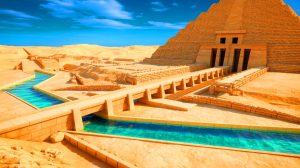 Illustration of sophisticated hydraulic systems around the Pyramid of Djoser.