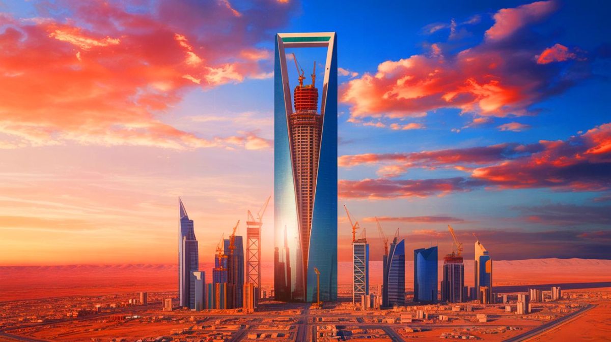 Illustration of the Jeddah Economic Company Tower rising over 3,280 feet in Saudi Arabia's desert.