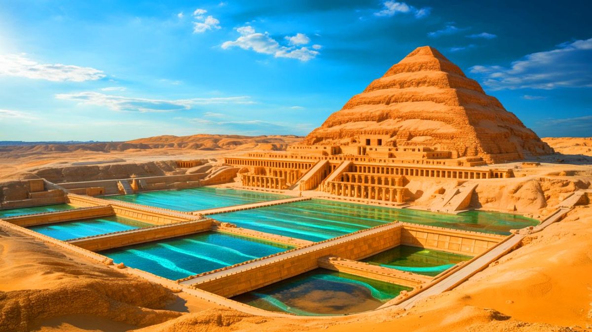 Illustration of the Pyramid of Djoser surrounded by an ancient hydraulic system.