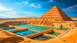 Illustration of the Pyramid of Djoser surrounded by an ancient hydraulic system.