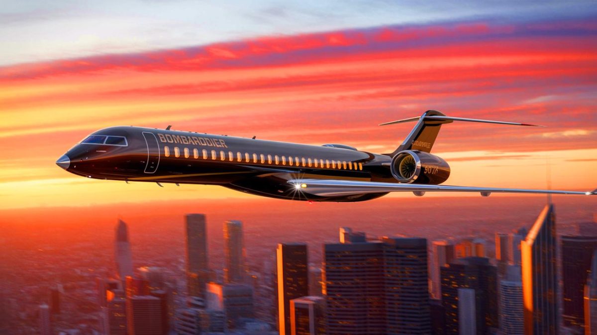 Illustration of the Bombardier Global 8000 aircraft showcasing its speed and luxury in aviation innovation.