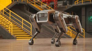 Illustration of Unitree Robotics' A2 quadruped robot demonstrating its capabilities in an industrial environment.