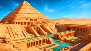 Illustration of the sophisticated water management system around the Pyramid of Djoser.