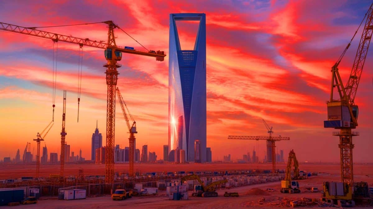 Illustration of the Jeddah Economic Company Tower under construction in the Saudi Arabian desert.
