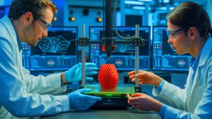 Illustration of University of Maine researchers testing gyroid infill 3D-printed components to predict their strength.