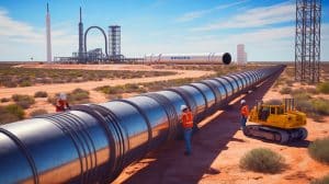 Illustration of SpaceX's water pipeline construction to Starbase, Texas, highlighting infrastructure and water access challenges.