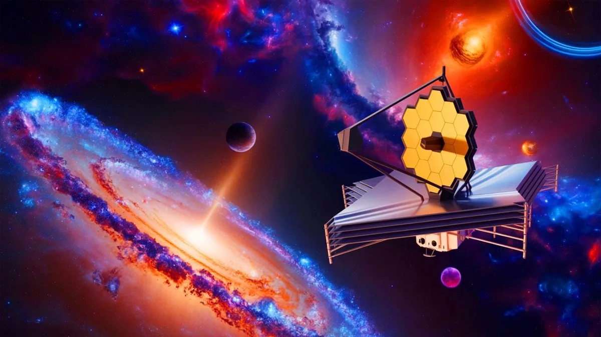 “We’re Living Inside a Black Hole” James Webb Telescope Just Found 60% of Ancient Galaxies Rotating the Wrong Way Illustration of the James Webb Space Telescope observing the rotational patterns of ancient galaxies.