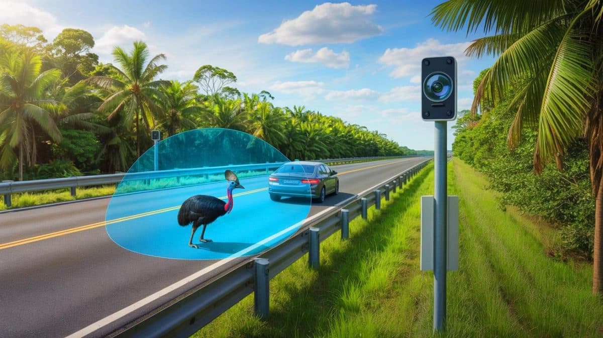 “97% Accuracy Saves Cassowaries”: Australia’s LAARMA AI Spots Animals, Slows Drivers, and Cuts Collision Risk in World-First Roadside Test Illustration of innovative AI-based roadside technology preventing animal-vehicle collisions.