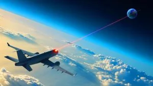 Illustration of a high-speed laser communication test between an aircraft and a satellite.