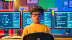 Illustration of a nonverbal autistic teenager gaining admission to MIT through his passion for mathematics and coding.