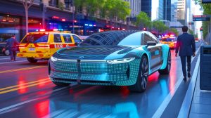 Illustration of a vehicle equipped with acoustic sensors and AI technology for enhanced road safety.