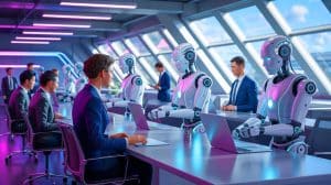 Illustration of artificial intelligence transforming the workforce by automating human tasks.