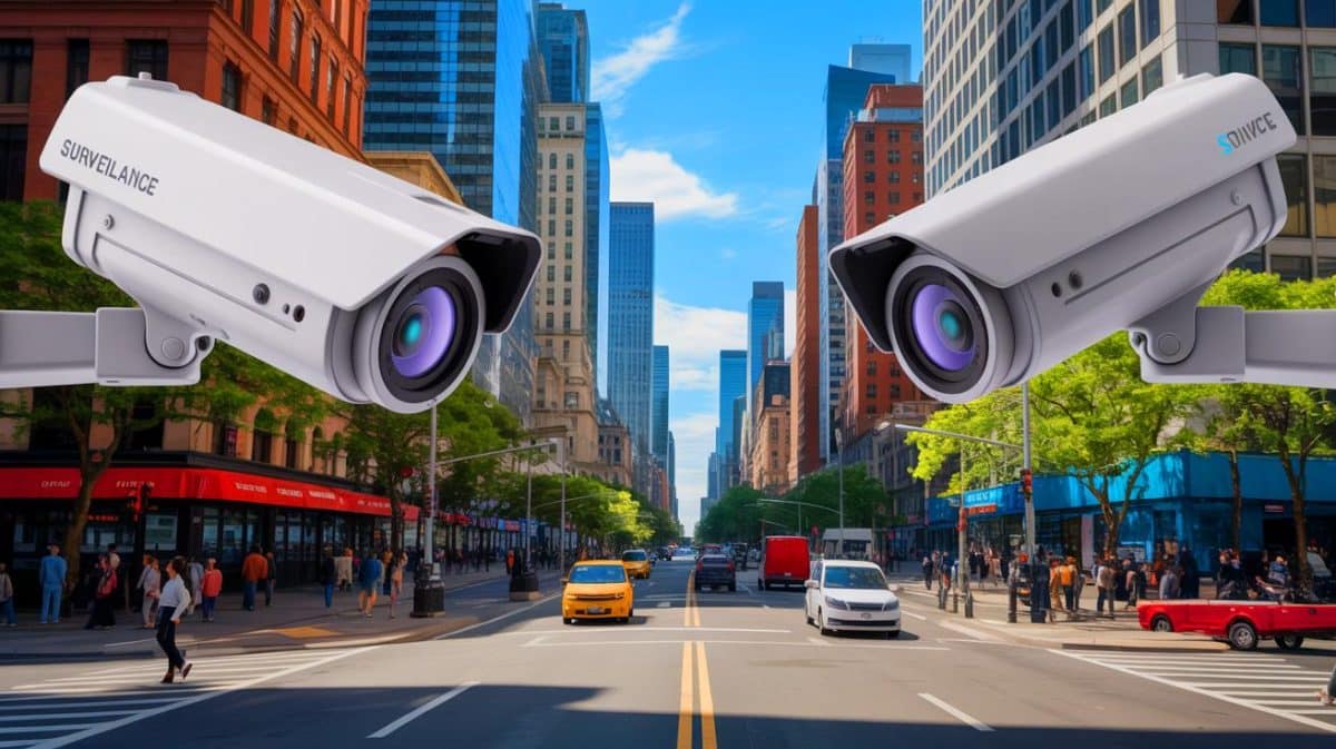 “One Million Cases Solved Annually”: Flock Safety’s AI Cameras Now Monitor 5,000 Police Departments Across America Illustration of AI-powered surveillance cameras monitoring a public space.